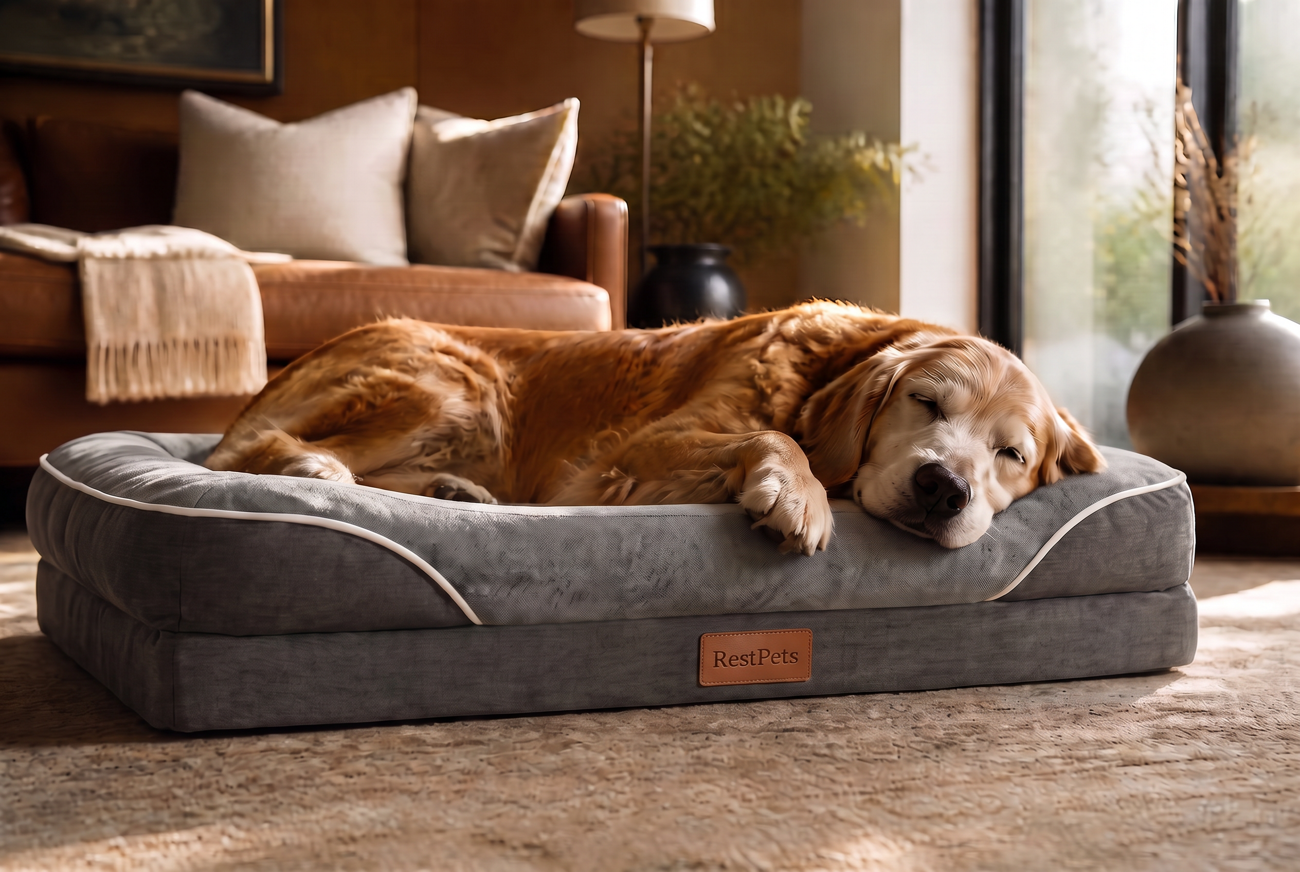 Senior golden retriever asleep on a RestPets orthopedic bed