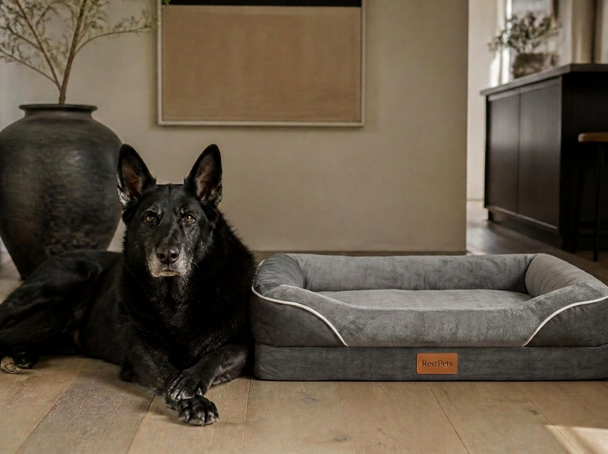Senior German Shepherd next to a large RestPets bed